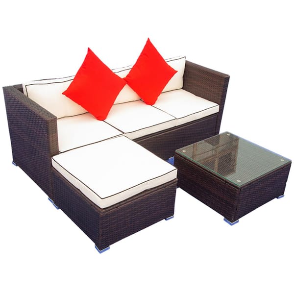 cenadinz 3-Pieces Wicker Outdoor Sectional Set with Cream Cushions