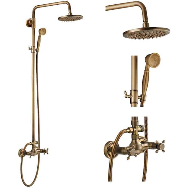 2-Handles Wall Mount Shower Faucet Set Antique Brass with Hand Shower 1.5 GPM with 8 in. Rainfall Head