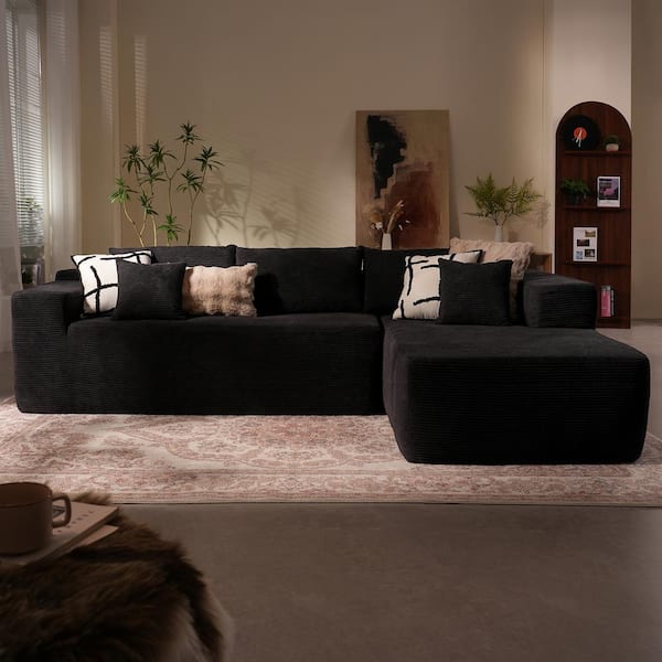 Allwex Verve 106 in. Wide Square Arm 2-Piece Modern Corduroy Fabric L-Shape Modular Sectional Sofa in Black with Chaise