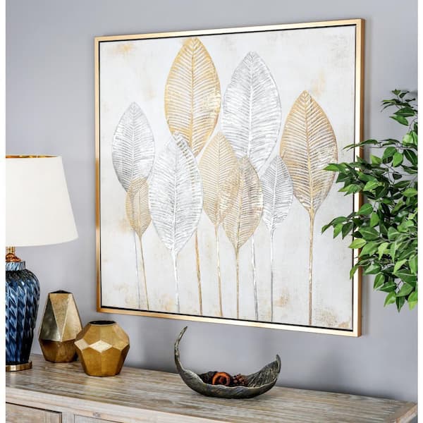 CosmoLiving by Cosmopolitan 1- Panel Leaf Framed Wall Art with Gold Frame 40 in. x 40 in.