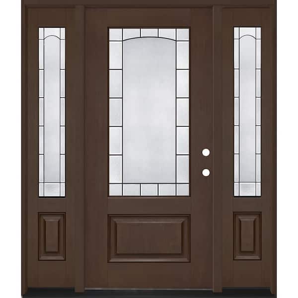 Regency 68 in. x 80 in. 3/4 Empire Decorative Glass LHIS Hickory Mahogany Fiberglass Prehung Front Door w/14inSLs 6-9/16