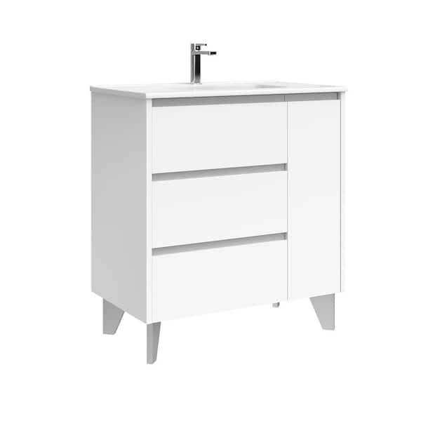 WS Bath Collections Lila 32.0 in. W Single Basin Freestanding Bath Vanity in Glossy White with Ceramic White Top