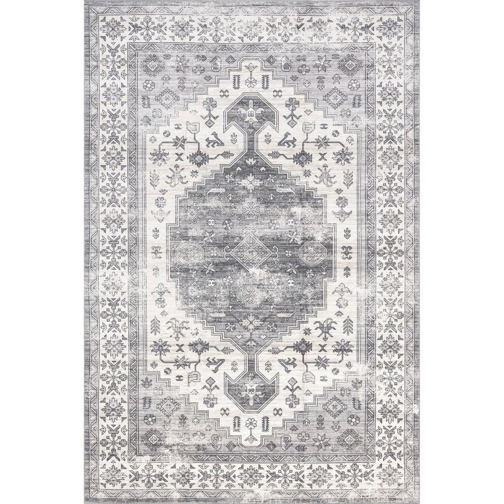 nuLOOM Medallion Machine Washable Dark Grey Doormat 3 ft. x 5 ft. Persian Area Rug