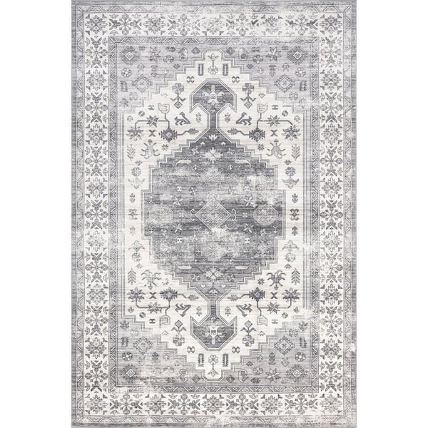 nuLOOM Medallion Bordered Machine Washable Dark Grey 5 ft. x 8 ft. Area Rug