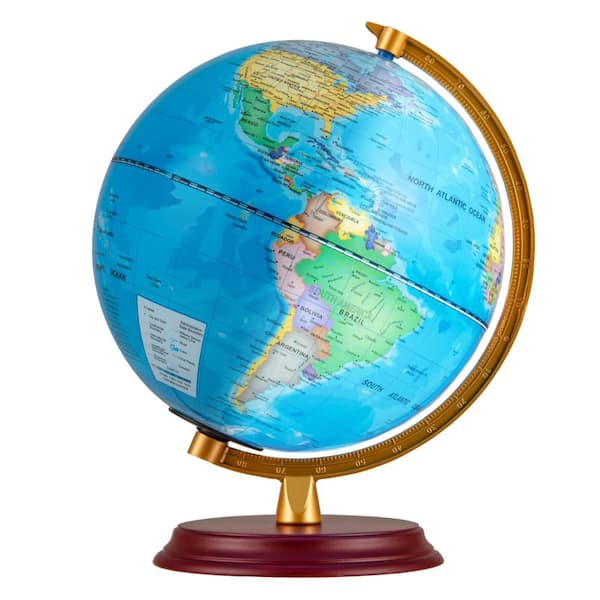 10.5 in. Illuminated World Globe Night Light Up Globe Lamp Wooden Stand and HD Map Blue