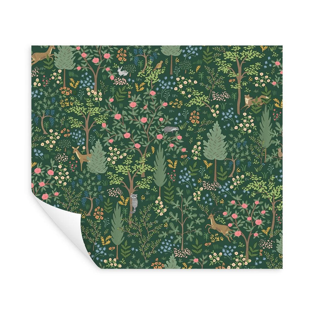 Emerald Green Multicolor Vinyl Peel and Stick Woodland Wallpaper
