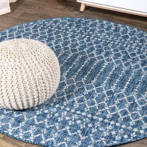 Ourika Moroccan Geometric Textured Weave Navy/Light Gray 9 ft. Round Indoor/Outdoor Area Rug