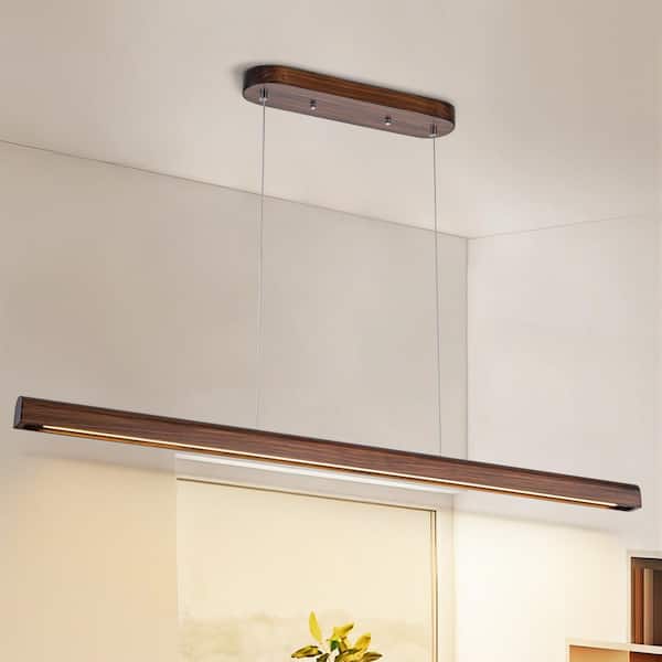 GoYeel 23.5-Watt 1-Light Walnut Color Farmhouse Wood Grain Hanging Kitchen lsland Light LED Linear Pendant Lighting