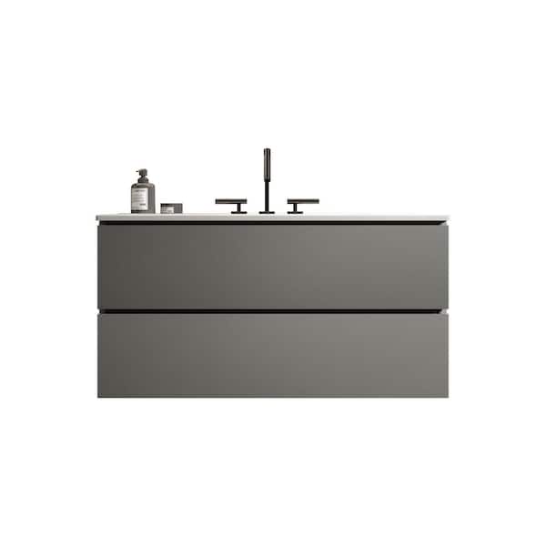 35.82 in. W x 18.3 in. D x 21.1 in. H Wall-Mounted Bath Vanity Set in Gray with White Ceramic Top