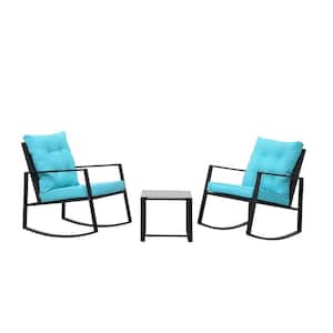 3 Pieces Wicker Patio Conversation Seating Set, 2-Arm Chairs and 1-Coffee Table, with Blue Cushions, for Garden