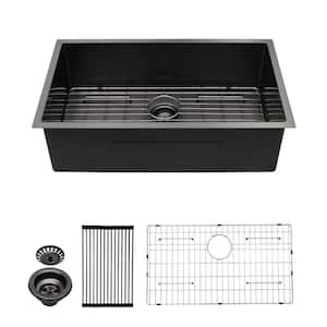 33 in. Undermount Single Bowl 16-Gauge Gunmetal Black Stainless Steel Kitchen Sink with Bottom Grids