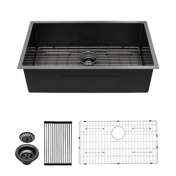 33 in. Undermount Single Bowl 16-Gauge Gunmetal Black Stainless Steel Kitchen Sink with Bottom Grids