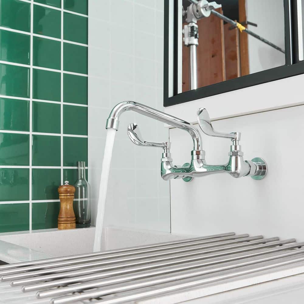 Polished Chrome Double Handle Wall Mount Kitchen Faucet