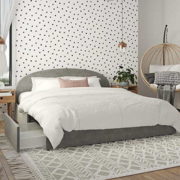 Mr. Kate Moon Light Gray Velvet Upholstered King Size Bed with Storage