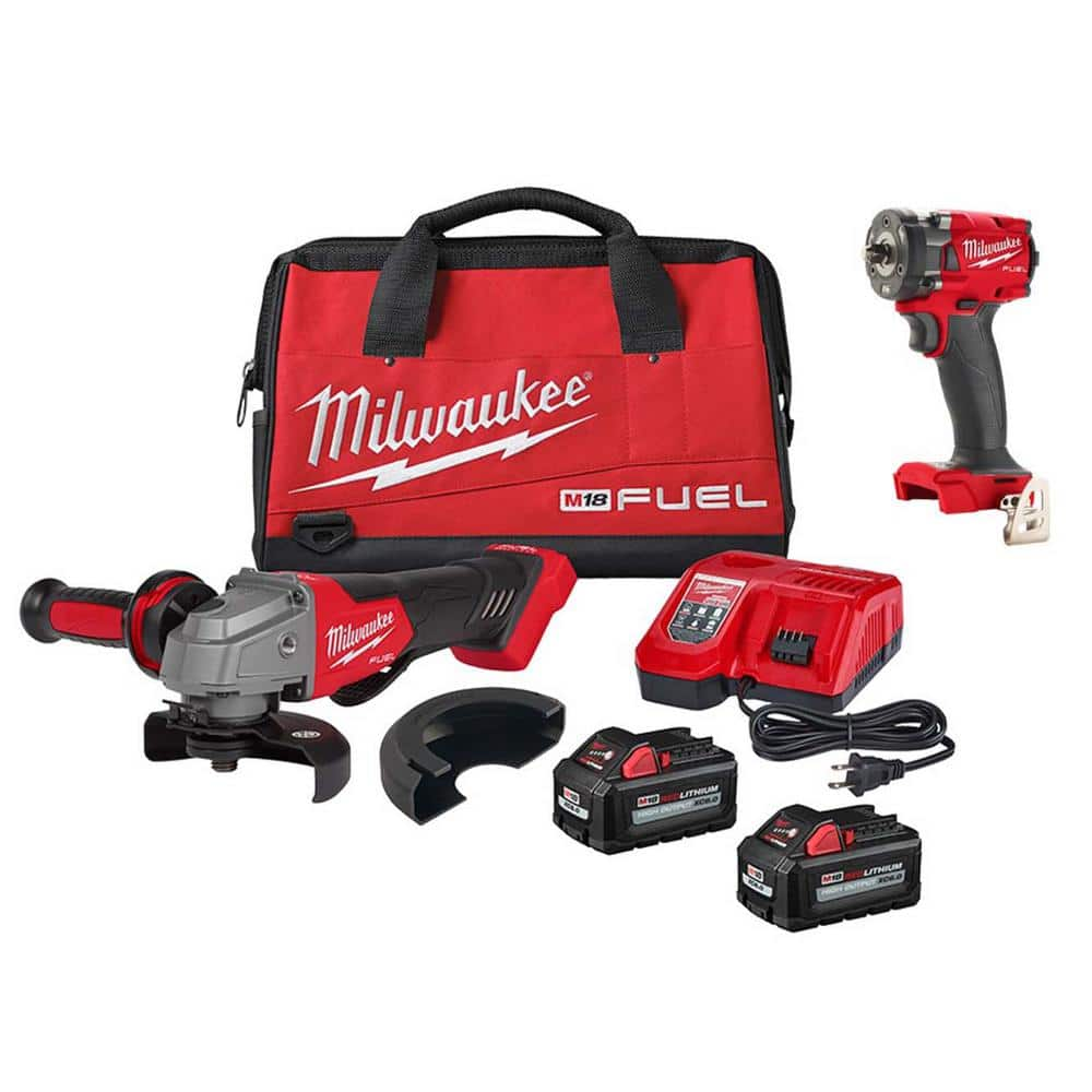 M18 FUEL 18V Lithium-Ion Brushless Cordless 4-1/2 in./5 in. Grinder, Paddle Switch Kit w/M18 FUEL Compact Impact Wrench -  Milwaukee, 2880-22-2854-20