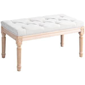 Cream White Bench for End of Bed, 32 in. Upholstered Entryway Bedroom Bench Button Tufted and Wood Legs