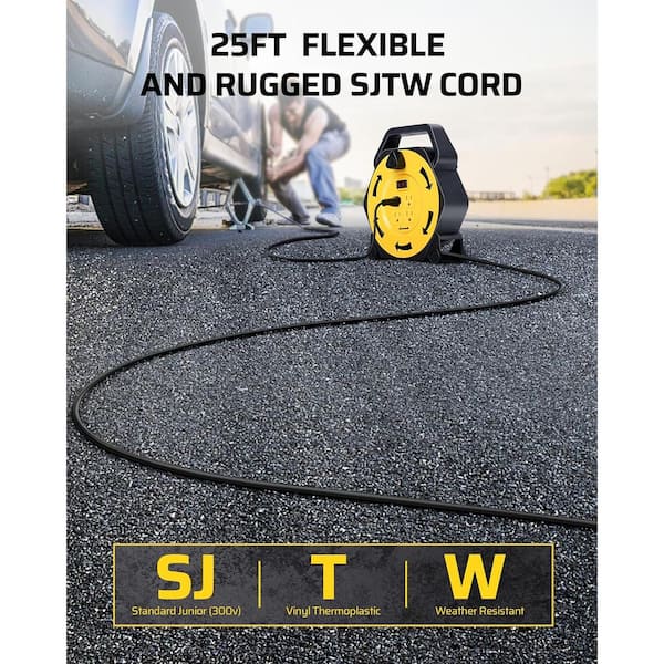 25 ft. 16/3 SJTW 13 Amp Hand Wind Retractable Extension Cord Reel with 4 Grounded Outlets, Yellow & Black