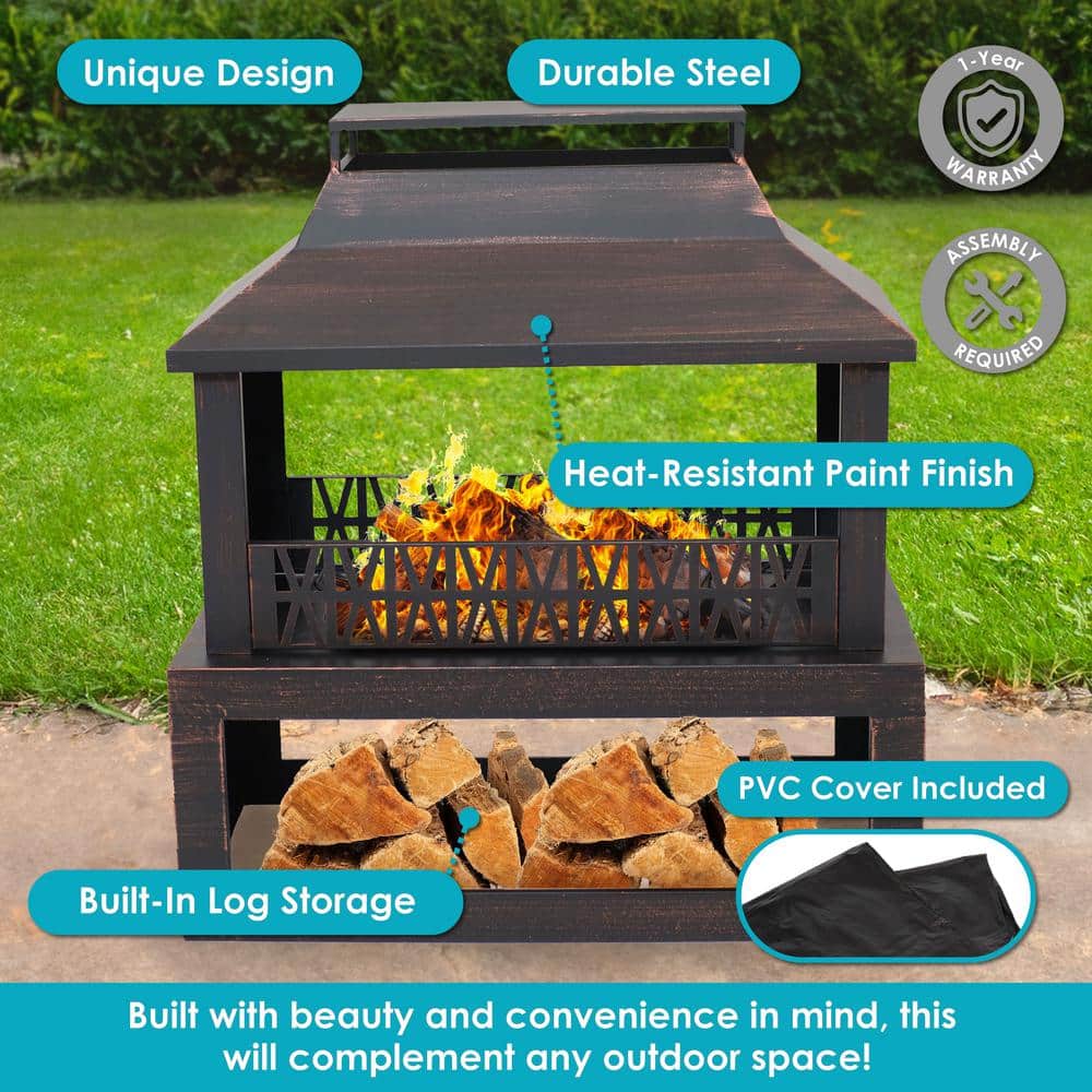 Bronze Steel Outdoor Fireplace with Log Storage and Pavilion Roof