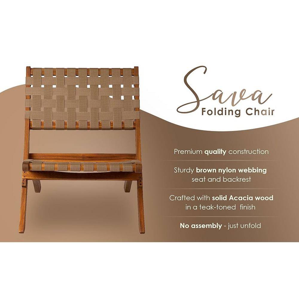 Sava Brown Acacia Wood Folding Chair with Woven Seat