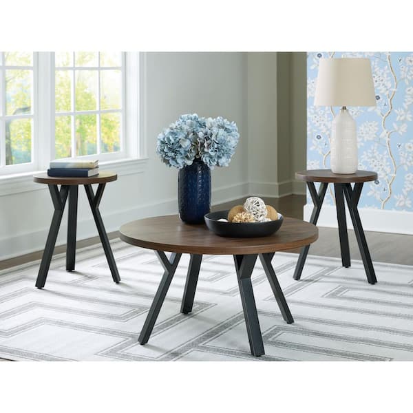 Elbrynn 34 in. Brown/Black Round MDF Coffee Table Set (Set of 3)