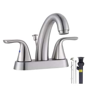 Modern 4 in. Centerset Double-Handle High Arc Bathroom Faucet with Lift Rod Drain Included in Brushed Nickel