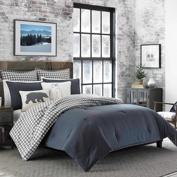 Eddie Bauer Kingston 3-Piece Charcoal Gray Plaid Reversible Solid Cotton Full/Queen Comforter Set