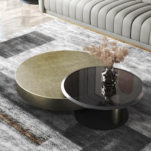 31.5 in. / 21.7 in. Brass and Black Round Steel Glass Coffee Table with 2-Pieces
