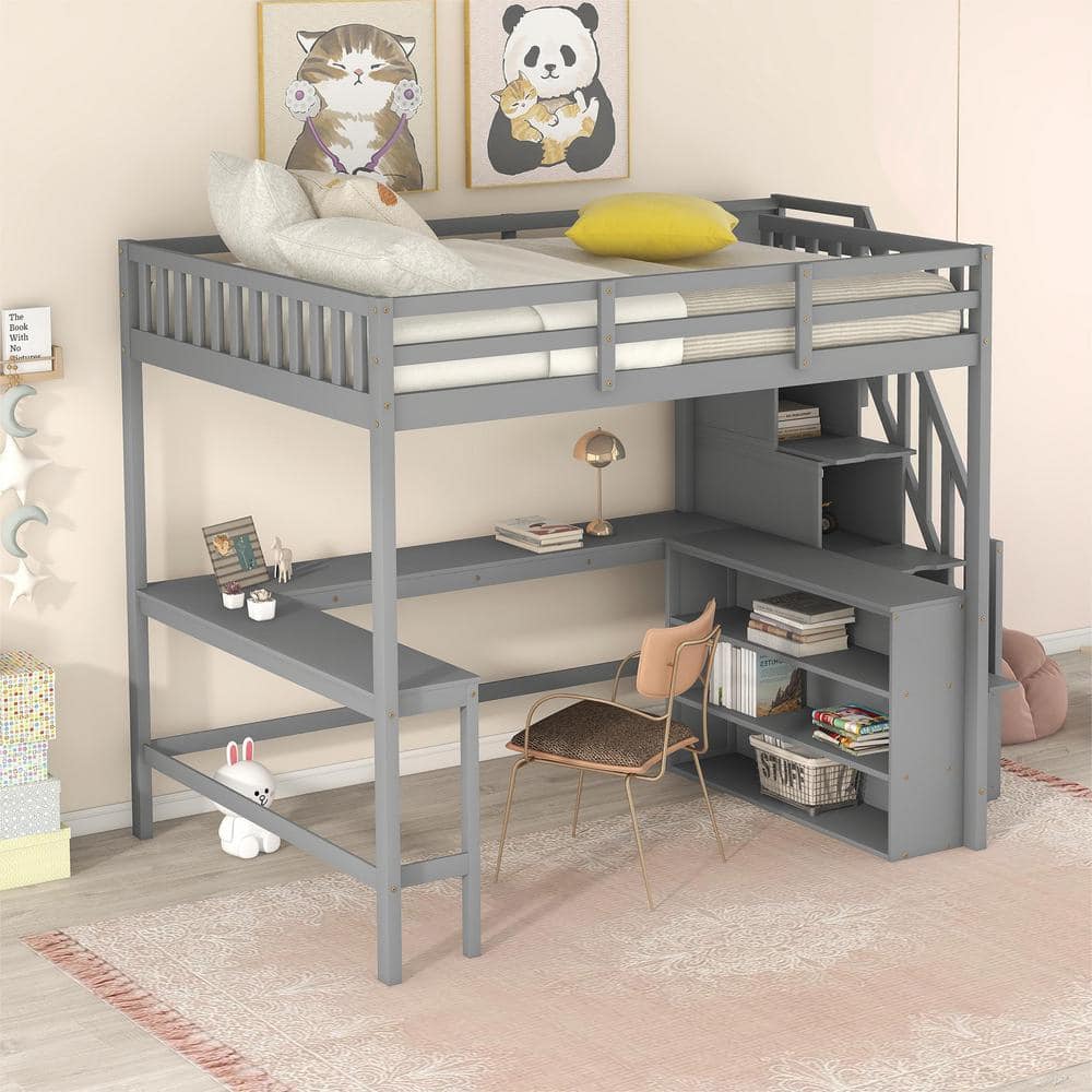 Harper & Bright Designs Gray Wood Full Size Loft Bed with L-Shaped Desk ...