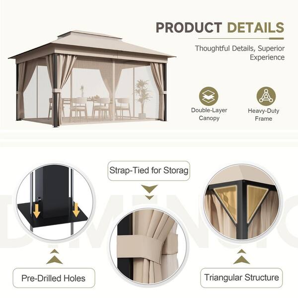 Tozey 10 ft. x 13 ft. Khaki Outdoor Steel Frame Gazebo with
