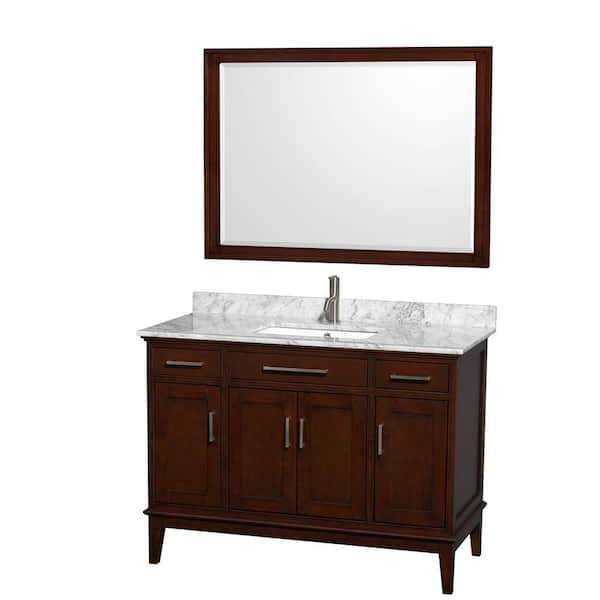 Wyndham Collection Hatton 48 in. Vanity in Dark Chestnut with Marble Vanity Top in Carrara White, Square Sink and 44 in. Mirror