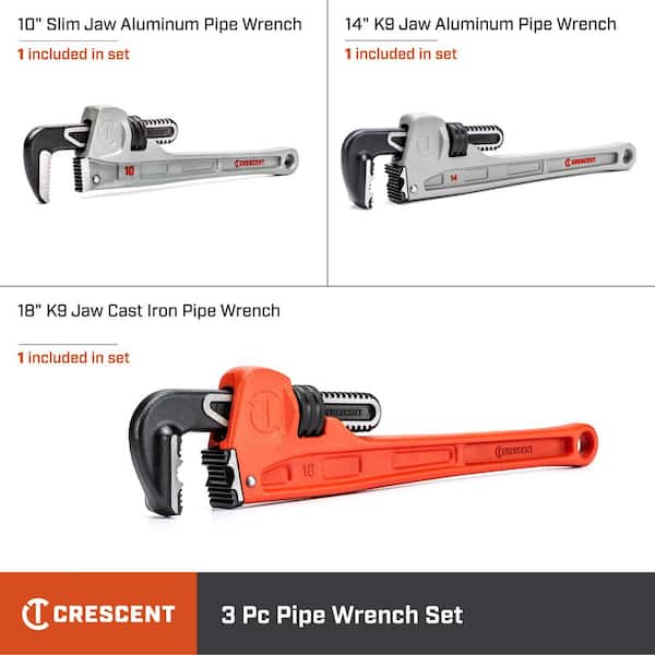 10 in., 14 in., and 18 in. Aluminum and Cast Iron Slim/K9 Jaw Pipe Wrench Set (3-Piece)