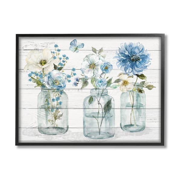 The Stupell Home Decor Collection Blue Country Jar Bouquets Design by Livi Finn Framed Nature Art Print 14 in. x 11 in.