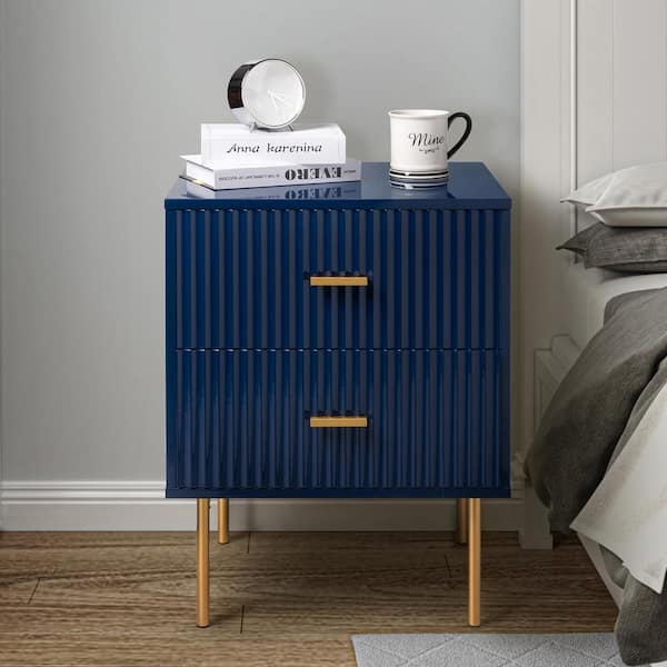 JAYDEN CREATION Hugh Navy Contemporary Classic 2-Drawer Nightstand with Metal Legs and Charging Station