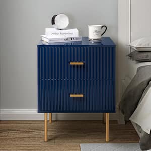 Hugh Navy Contemporary Classic 2-Drawer Nightstand with Metal Legs and Charging Station