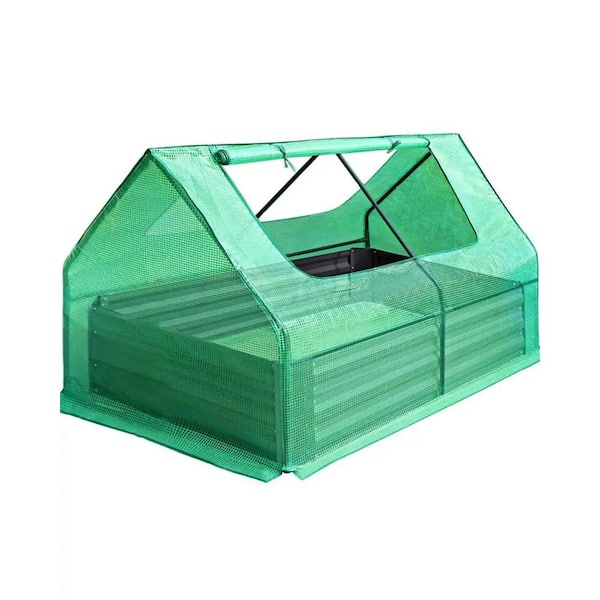 AFAIF 4 x 3 x 1 ft. Galvanized Garden Bed with Green Cover, Outdoor Galvanized Steel Planter Box Kit with Greenhouse