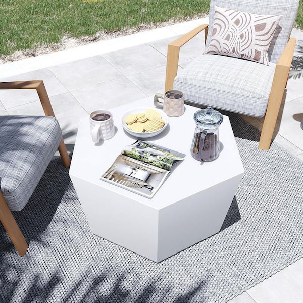 28 in. Pure White Hexagon Concrete Outdoor Coffee Table, Patio Conversation Table