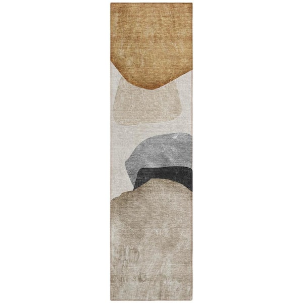 Tan Brown and Gray 2 ft. x 8 ft. Woven Abstract Runner Indoor/Outdoor Area Rug