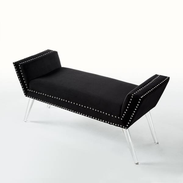 Inspired Home Lexi Black Velvet Ottoman Bench Nailhead Trim