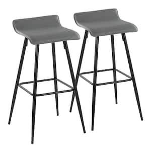 Ale 32.5 in. Dark Grey Faux Leather and Black Metal Low Back Fixed-Height Bar Stool (Set of 2)
