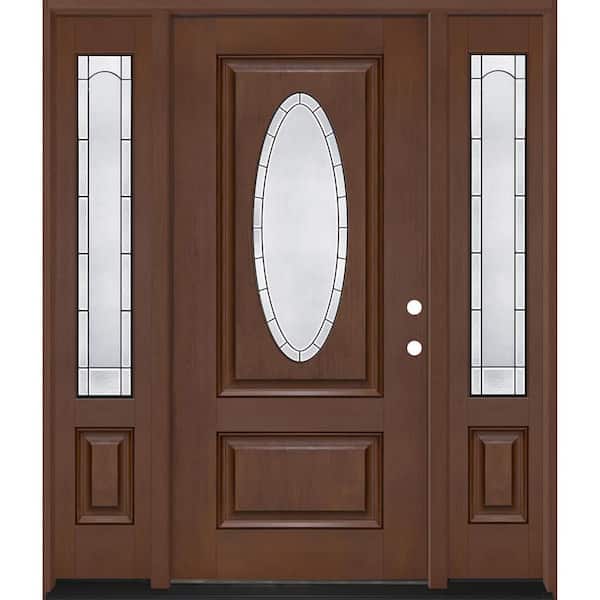 Regency 64 in. x 80 in. 3/4L Oval Empire Glass LHIS Chstnt Mahogany Fiberglass Prehung Front Door w/12in-Full SLs 4-9/16