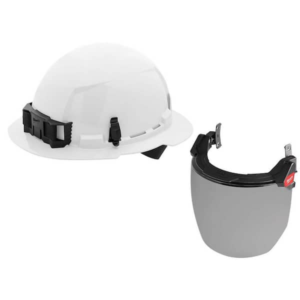 Milwaukee BOLT White Type 1 Class E Full Brim Non Vented Hard Hat with 4-Point Ratcheting Suspension W BOLT Gray Full Facesheild