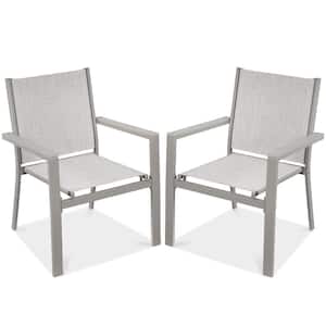 Set of 2 Gray Textilene Chairs with Armrests, Steel Conversation Accent Furniture for Patio
