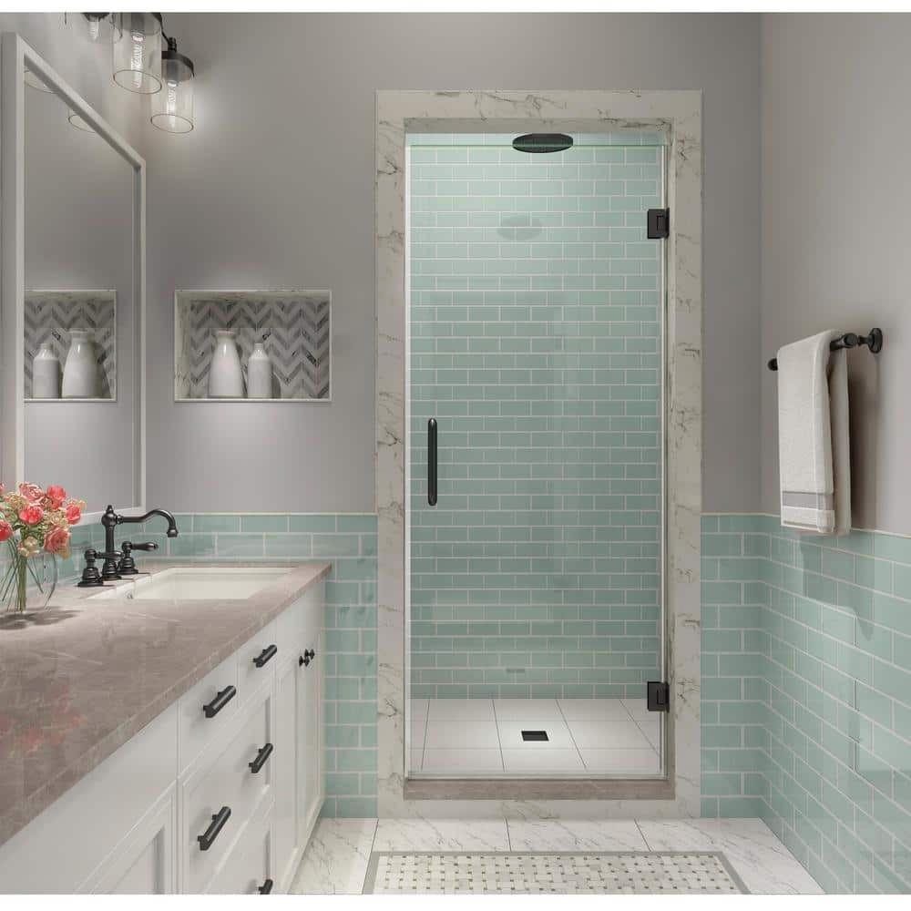 Kinkade XL 26.25 in. - 26.75 in. x 80 in. Frameless Hinged Shower Door with StarCast Clear Glass in Matte Black price history on PriceWatchPro
