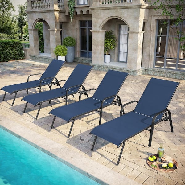 Pellebant Black 4-Piece Metal Adjustable Outdoor Chaise Lounge Chairs in Navy Blue with Arms