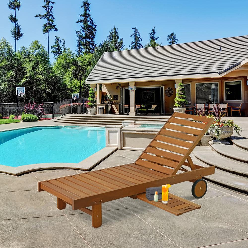 Tioman Natural Brown Hardwood Outdoor Chaise Lounger with Tray