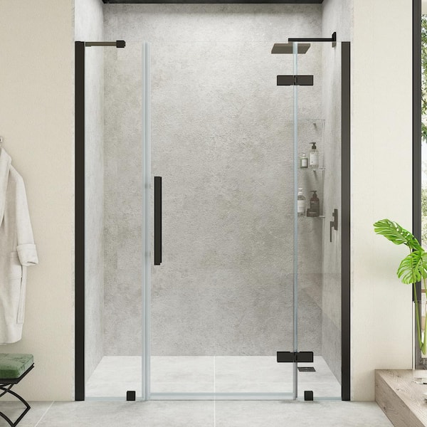 OVE Decors Tampa 49 3/4 in. - 52 1/16 in. W x 72 in. H Pivot Frameless Shower Door in Black With Shelves