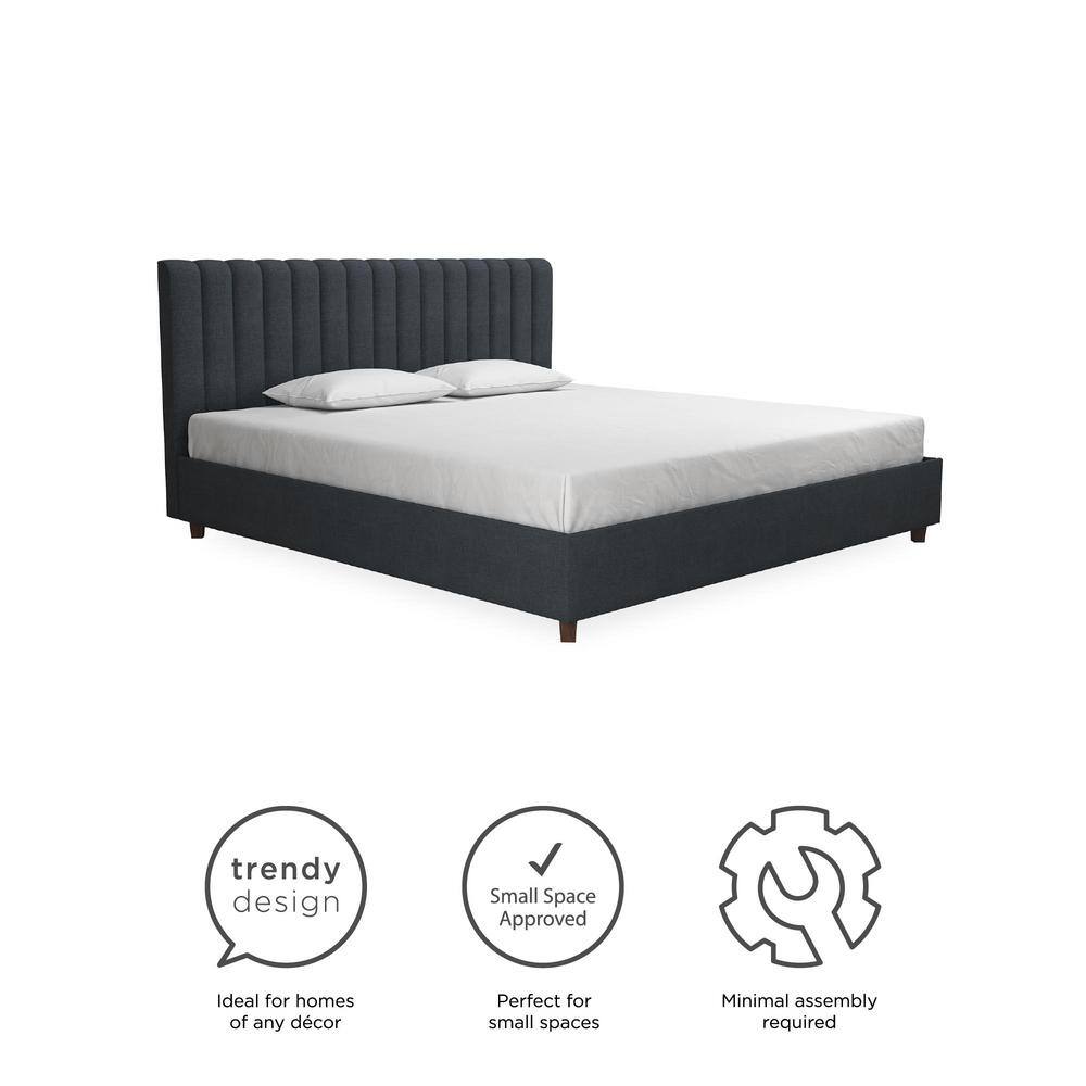 Brittany Blue Linen King Upholstered Platform Bed with Tufted Headboard