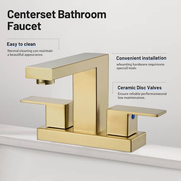 304 stainless steel 4 in. Centerset Double Handle Bathroom Faucet with Drain Kit Included in Gold