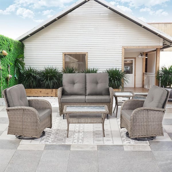Gymojoy Carlos Gray 5-Piece Glider Set Wicker Patio Conversation Set Outdoor Swivel Chair Set with Gray CushionGuard Cushions