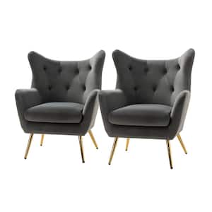Jacob Golden Leg Grey Wingback Chair with Tufted Back (Set of 2)
